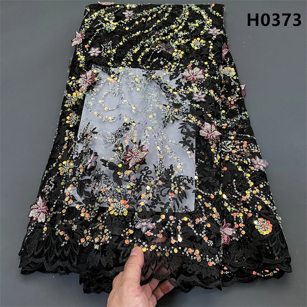 

2025 African Nigerian High Quality Tulle Lace Fabric Sequins Embroidery French Guipure Wedding Party Dress Beaded 5Yards H0373