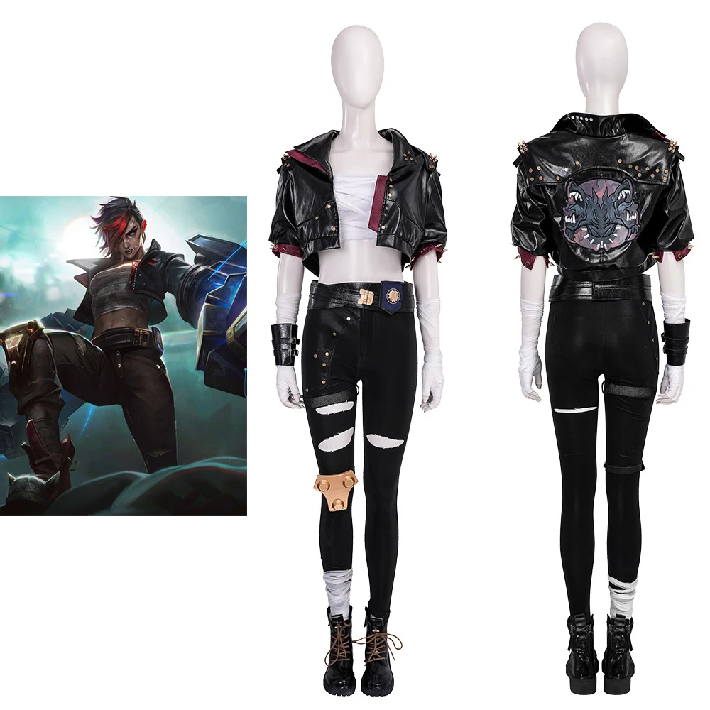 Game LOL Vi Cosplay The Piltover Enforcer Costume Women Sexy Punk Coat Tube Top Pants Full Set Hallowmas Christmas Outfits