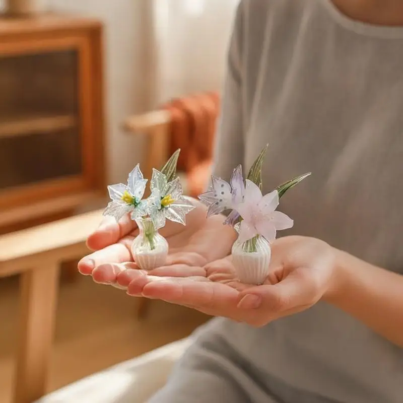 Handmade Glass Mini Flower Ornament Lifelike Artificial Flower with Clear Vase for Home Office Desk Decor