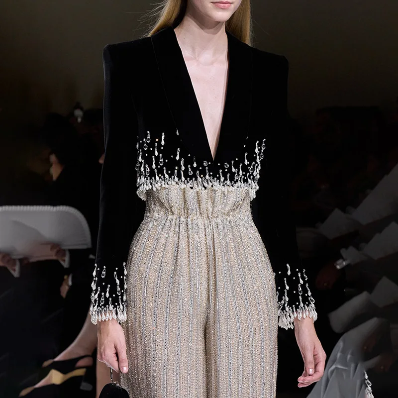 

Elegant Women's Rhinestone Patchwork Suit Coat Long-Sleeve Short Fashionable Autumn New Heavy Design