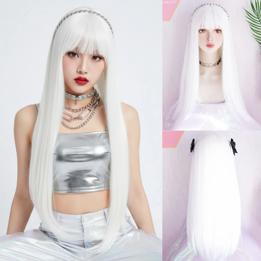 باروكة نسائية بيضاء طويلة مستقيمة على طراز لوليتا مع فرقعة صناعية مقاومة للحرارة للحفلات التنكرية يوميًا