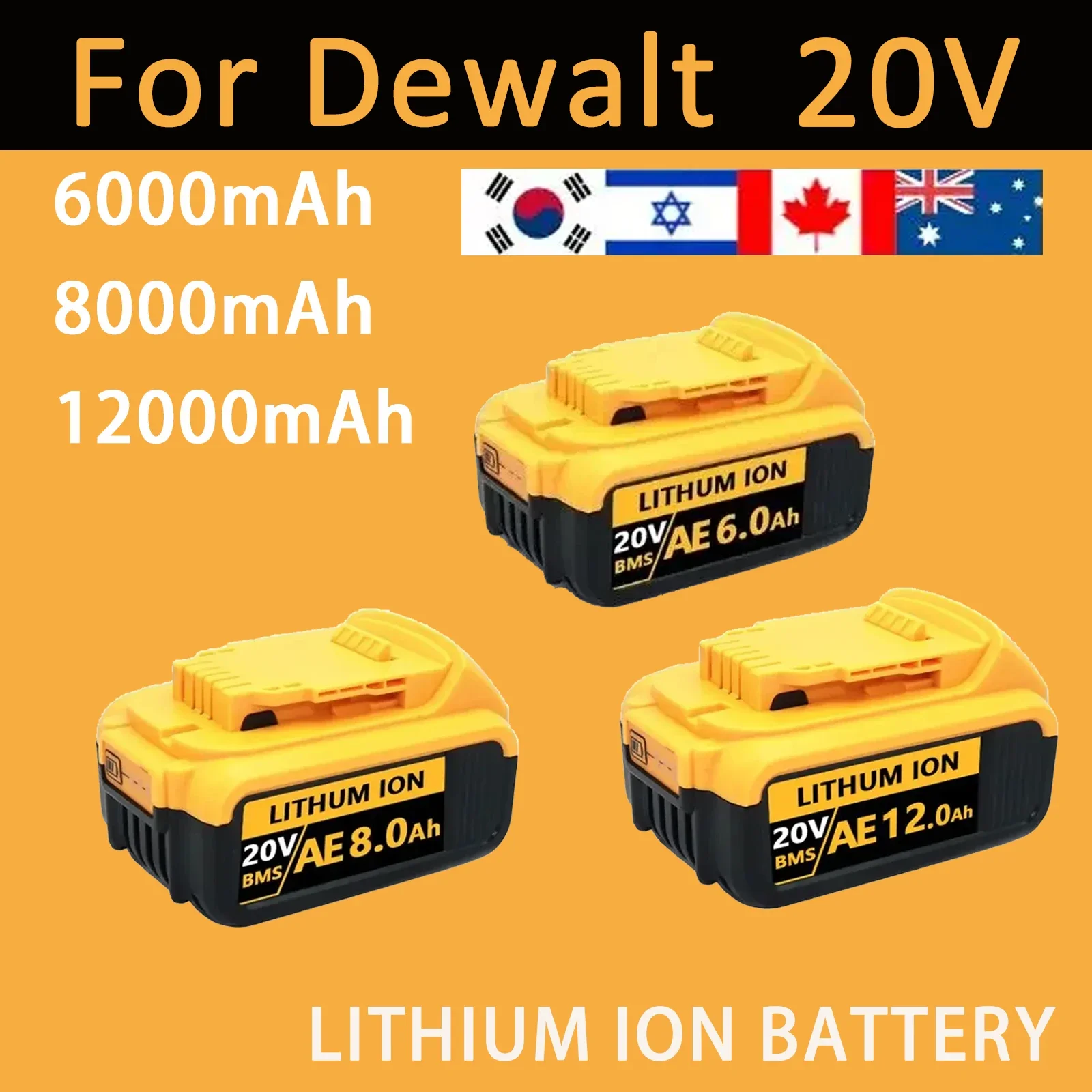 AOAE 20V 6.0Ah-12.0Ah DCB200 replacement lithium-ion battery, suitable for DeWalt DCB205 DCB201 DCB203 electric tool battery