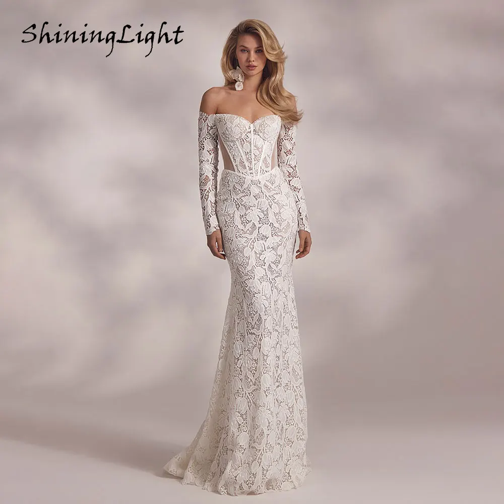 

ShiningLight Sexy Corset Mermaid Lace Wedding Dresses 2026 Long Sleeve Off-Shoulder Beach Bride Gowns Sweep Train Customzied