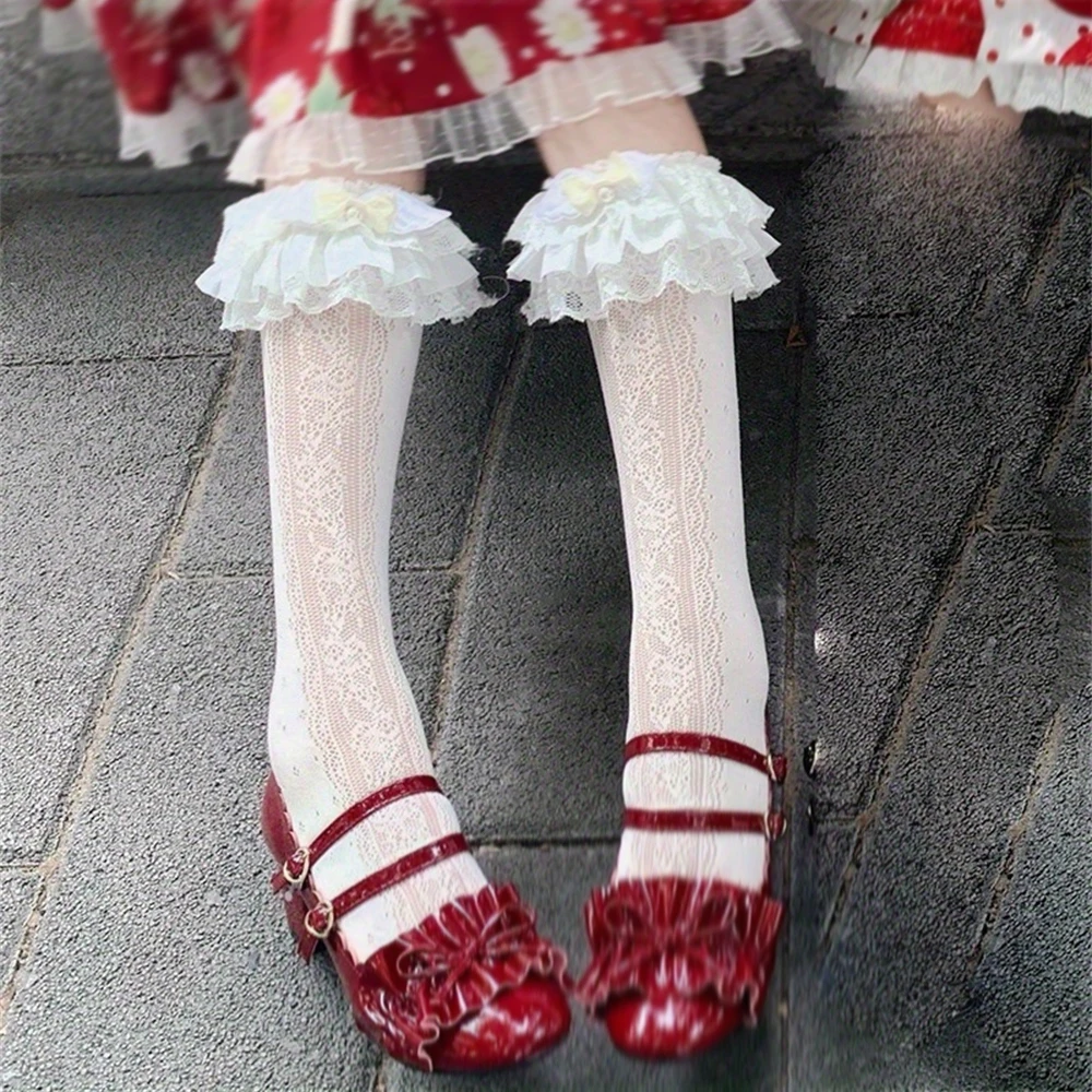 Sweet Girls Lolita Milky White Bow Lace Long-tube Calf Socks Ladies JK Hollow Out Pattern Stockings Themed Party Dress Accessory