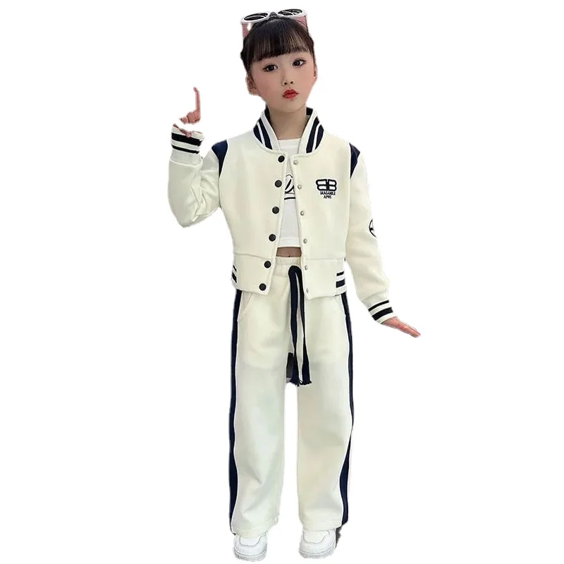 Girls' Set Autumn/Winter New Mid Size Children's Plush Thickened Cardigan Button Fashion Two Piece Set 4-14 Ages