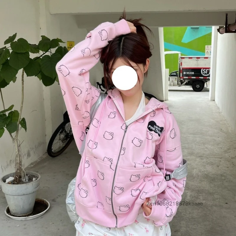 Sanrio Hello Kitty American Style Cute Print Hoodie Women Autumn Loose Versatile Sweatshirt Y2k Sweet Girl New Casual Ziper Coat