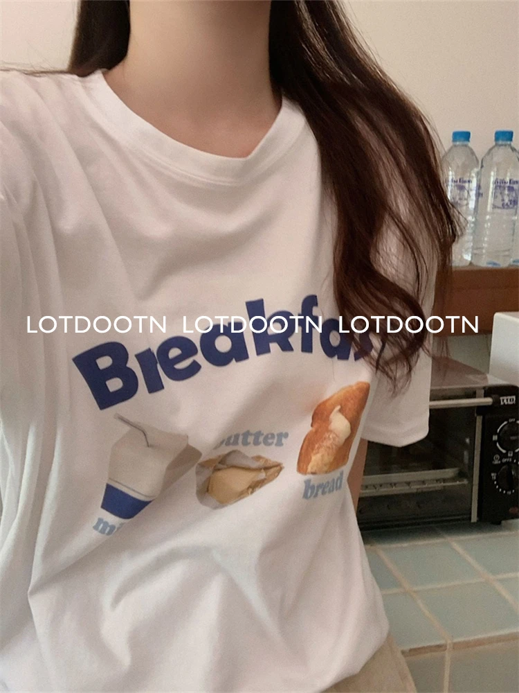 LOTDOOTN 100% Cotton Chic Breakfast Print T-Shirts Ins Women Japanese Harajuku Short Sleeve O Neck Streetwear Summer Woman Tees