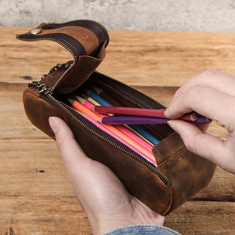 CONTACT'S FAMILY Leather Zipper Pen Pencil Case Bag Handmade Vintage Creative School Stationary Pen Pouch Holder Large Capacity