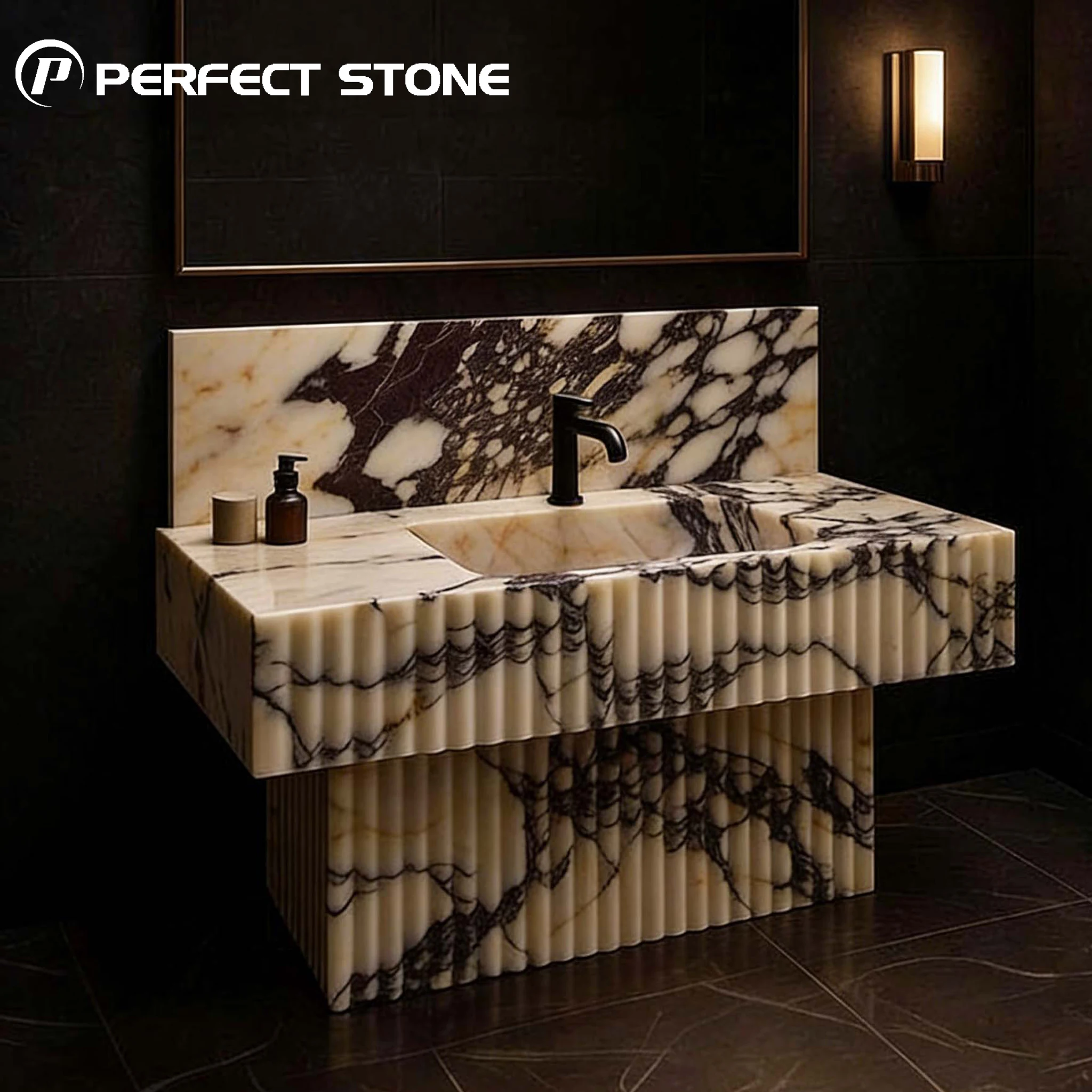 PerfectStone Customized Luxury Calacatta Series Fluted Marble Pedestal Basin Washing Sink for Hotel Villa Bathroom Project