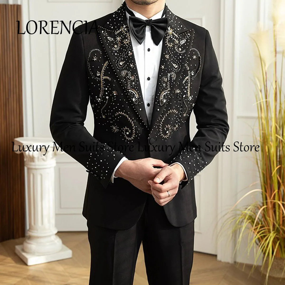 

Formal Beaded Crystals Men Wedding Suits Slim Fit 2 Pieces Sets Black Dinner Groom Tuxedos Party Prom Blazers Costume Homme