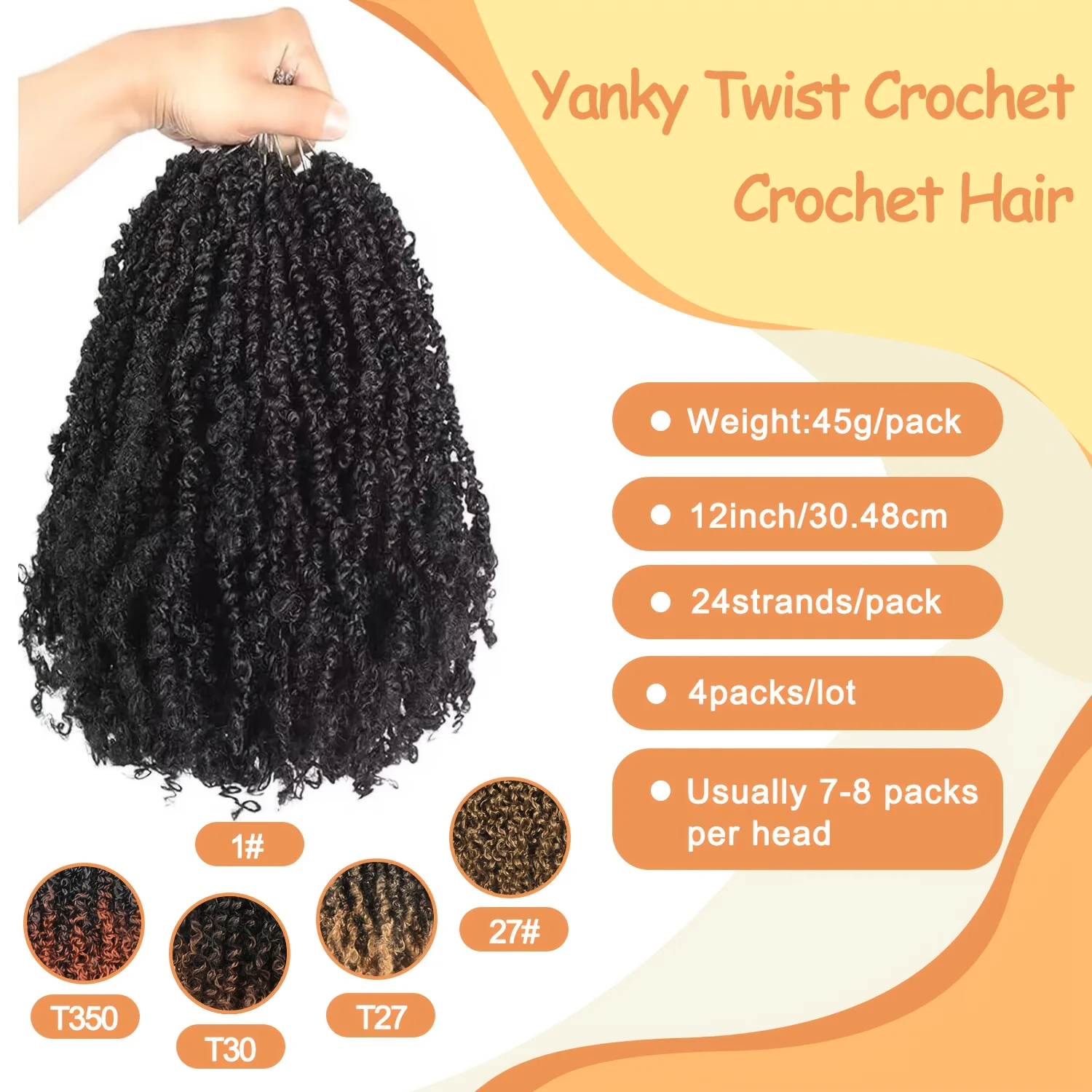 Волосы Yanky Twist Вязаные крючком 12 дюймов, всего 4 упаковки, предварительно скрученные микропружинные твисты, сенегальские волосы в стиле бохо, вязанные крючком, синтетические волосы