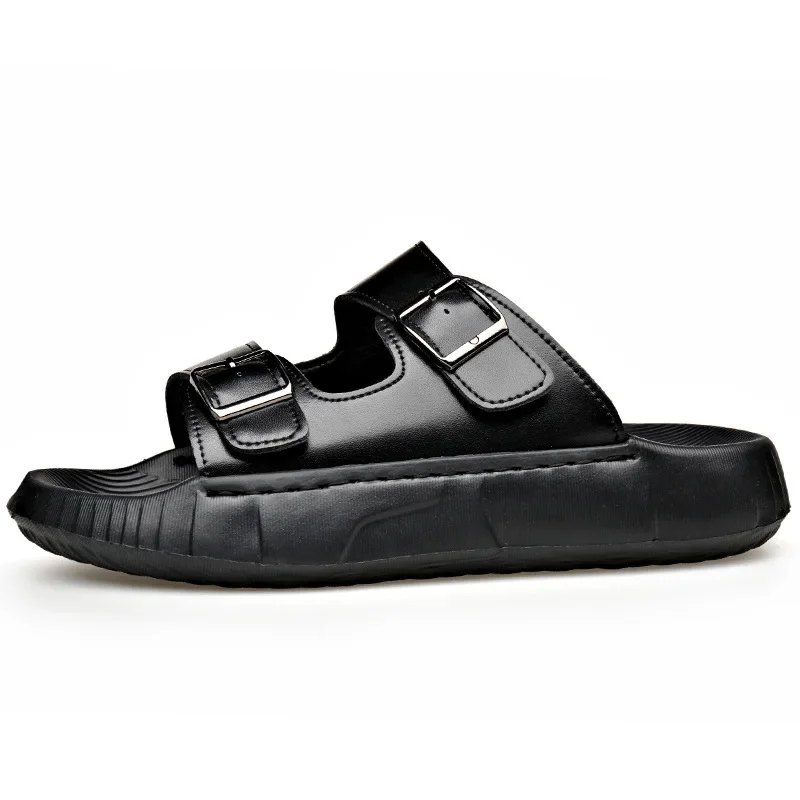 Nova fivela designer chinelos para homens verão moda casual cor sólida ao ar livre sapatos de praia masculino anti-deslizamento sandálias de couro homem