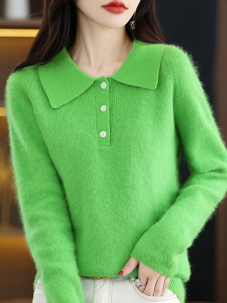 PoLo 100% Pure Mink Cashmere Sweaters Women\' Lapel Knitted Pullover Casual Long Sleeve Large Size Jacket Autumn New Thicken Tops