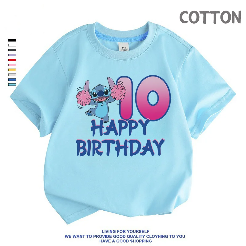 Blue Anime Lilo Stitch Children Birthday Number 1-14 T Shirt Tops Tee Kid Boy Girl lovely Casual Clothes Cartoons Kids T-shirts