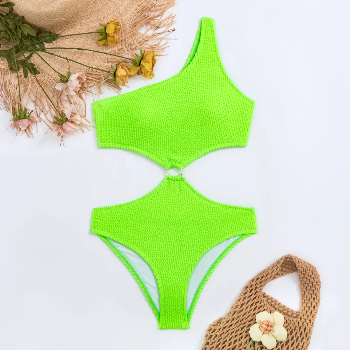 2024 New Women Green Swimsuits Hollow Out One Piece Swimwear Sexy One Shoulder Bikinis Bathers Bathing Suits Female Beachwear