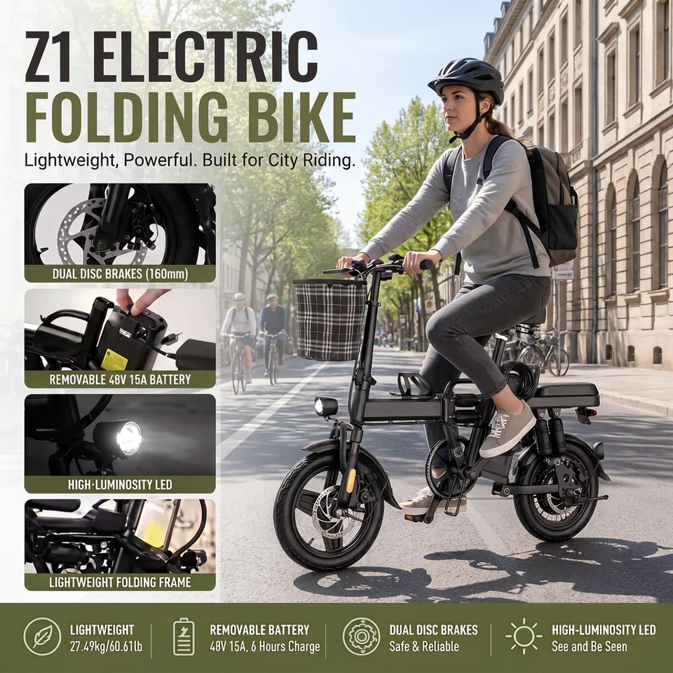 500W Folding Electric Bike for Adults, 48V 15AH Removable Battery 60km Range, 43km/h 14" Foldable E-Bike, Dual Disc Brakes, Dual Suspension, 3 Riding Modes, City Commuter Electric Bicycle image 3