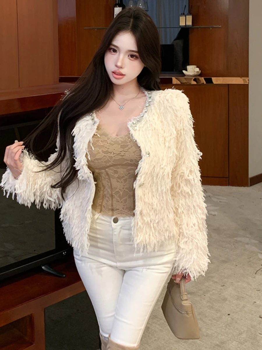  Heavy Diamond Embellished Fur Short Coat Loose Slimming Warm Thickened Small Fragrance Style Open Cardigan Autumn W...