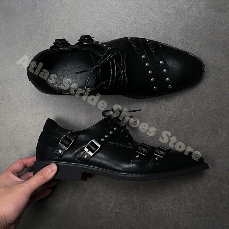 

Unisex Punk Gothic Leather Shoes With Rivets And Buckles Lace Up Pointed Toe Streetwear Footwear For Parties And Daily Wear