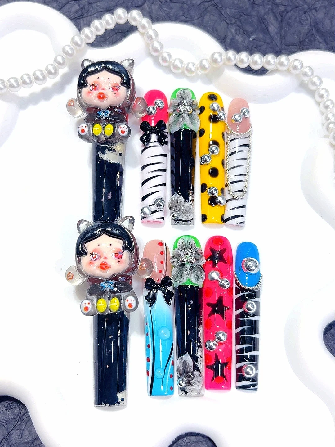 3D pop hars druk op nagels - dierenprint zebra luipaard strass strik accent kunstnagels handgemaakt voor vrouwen (O012)