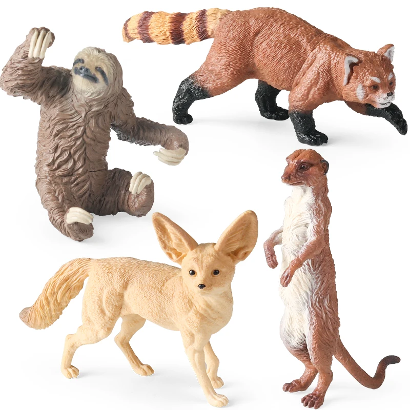 Oenux 4pcs Wild Animals Action Figure African Sloth Bat-eared fox Mongooses Ailurus fulgens Model Figurines Toy Kids Gift
