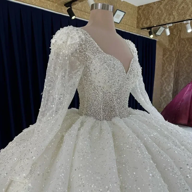 Robe De mariée blanche personnalisée, col en cœur, manches longues, dentelle pailletée, Robe De princesse