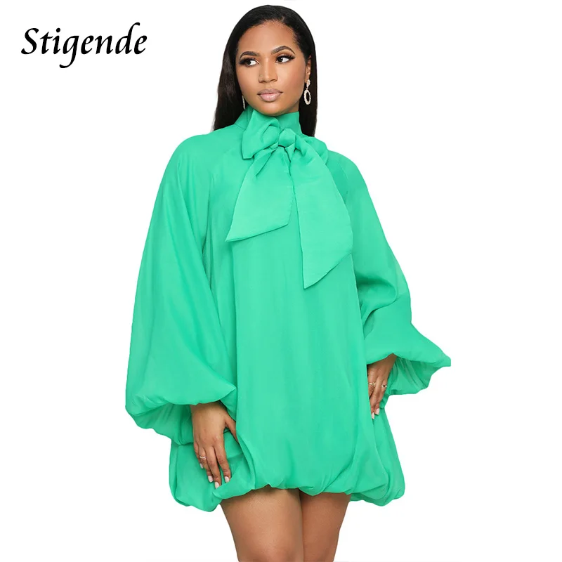 Stigende Women Loose Chiffon Blouse Dress Puffy Sleeve Bow Tie Baggy Dress