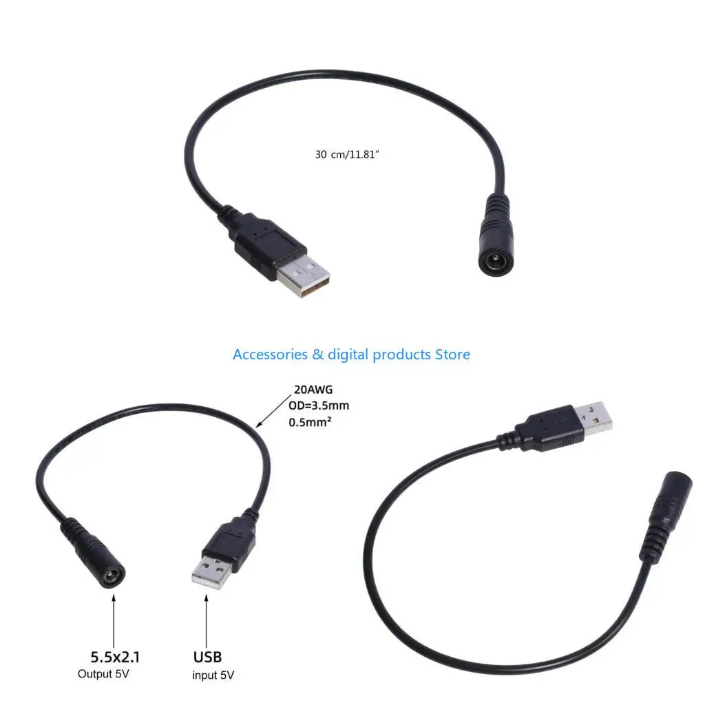 77JD USB Male to 5.5x2.1mm Female DC5V Power Supply Plug Barrel Connector Line