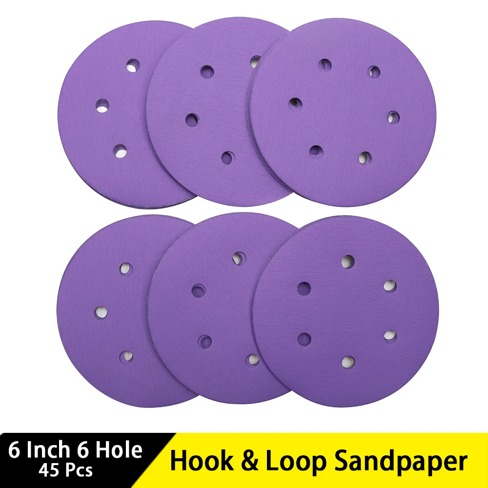 6Inch 6 Hole Hook & Loop Sandpaper 45 Pcs Wet and Dry Assorted 60/80/120/180/240/320/400/600/800 Grit Sanding Disc for Polishing