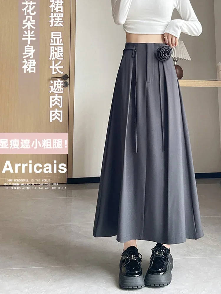 Women's Red A-line Pleated Skirt Vintage Aesthetic Y2k Long Skirt Harajuku Korean Emo Gothic Skirts 2000s Autumn Clothes