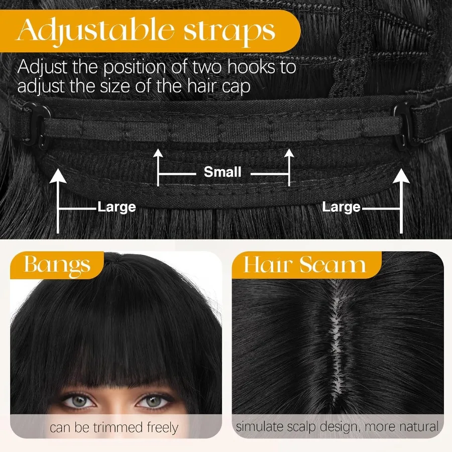 شعر مستعار أسود قصير مموج بطول 12 بوصة، شعر مستعار بوب مجعد بطول الكتف مع غرة للنساء، باروكات شعر صناعية ناعمة للاستخدام اليومي والجزء #3