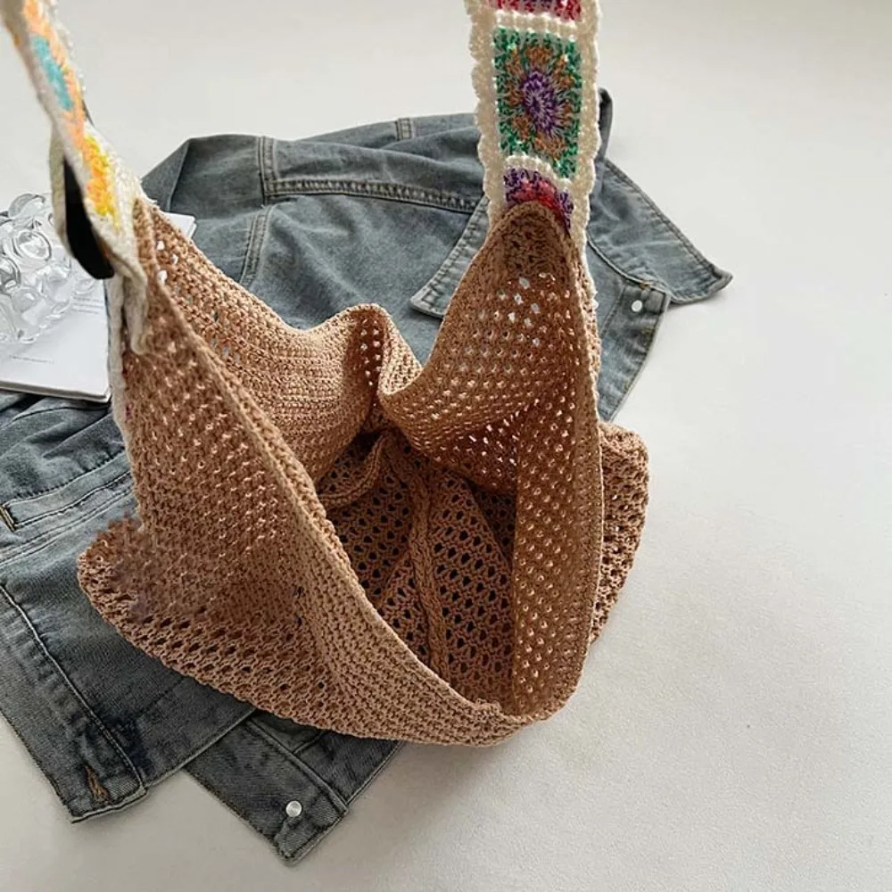 Trendy Large Capacity Crochet Tote Bag Flower Lightweight Hollow Woven Bag Cotton Polyester Knitting Handbag School