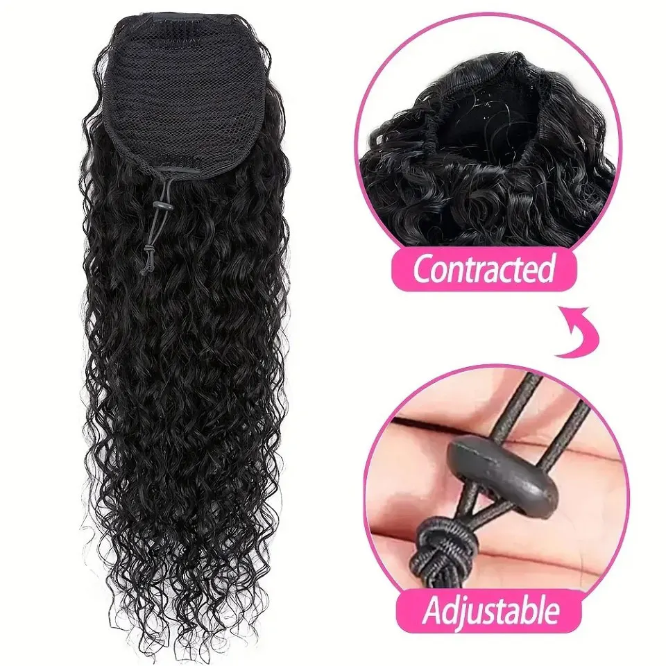 Water Wave Drawstring Ponytail Extension, Human Hair, Curly, Brazilian Virgin, 8-26 Inch