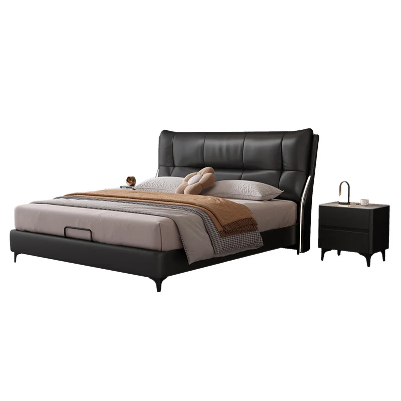 

Modern minimalist style, leather master bedroom soft bag backrest double bed, minimalist medieval style solid wood wedding bed