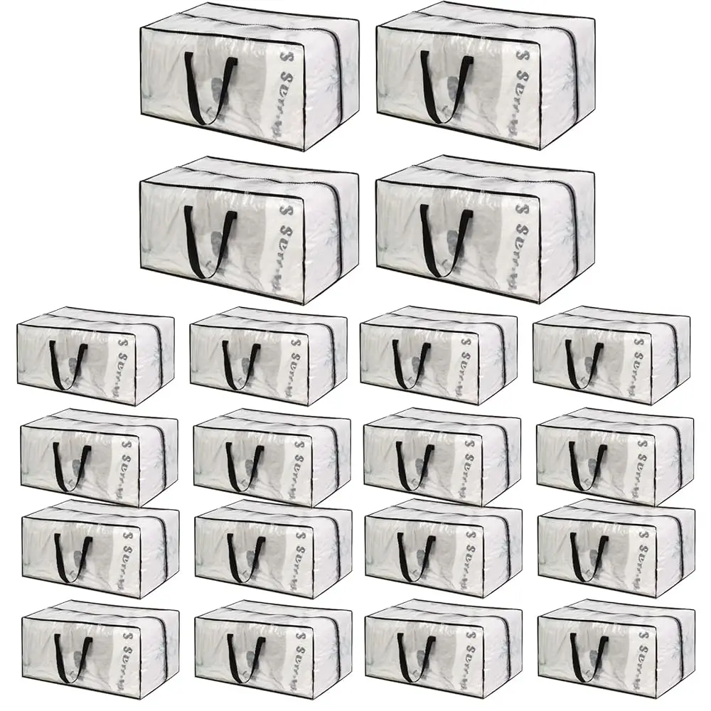 

Clear Moving Bags - 20 Pa Extra Large Heavy Duty Storage Bags With Zipper & Reinforce Handles | 29X14X13 H Moving Tote Bags