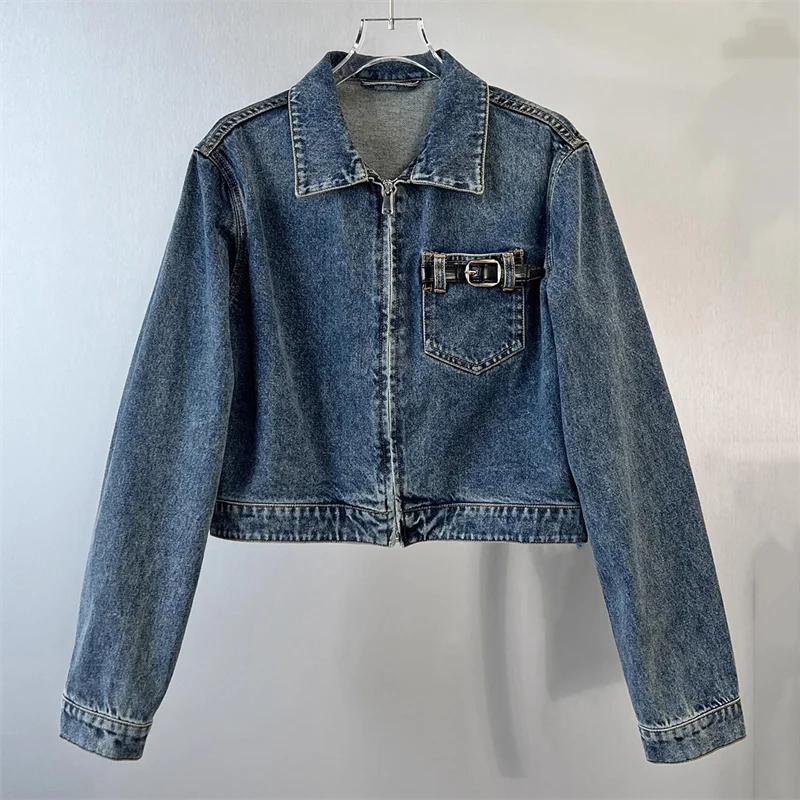 Women\'s denim jacket 2024 autumn New outerwear vintage washed pure cotton Women\'s coats Belt buckle decorative long sleeved Top