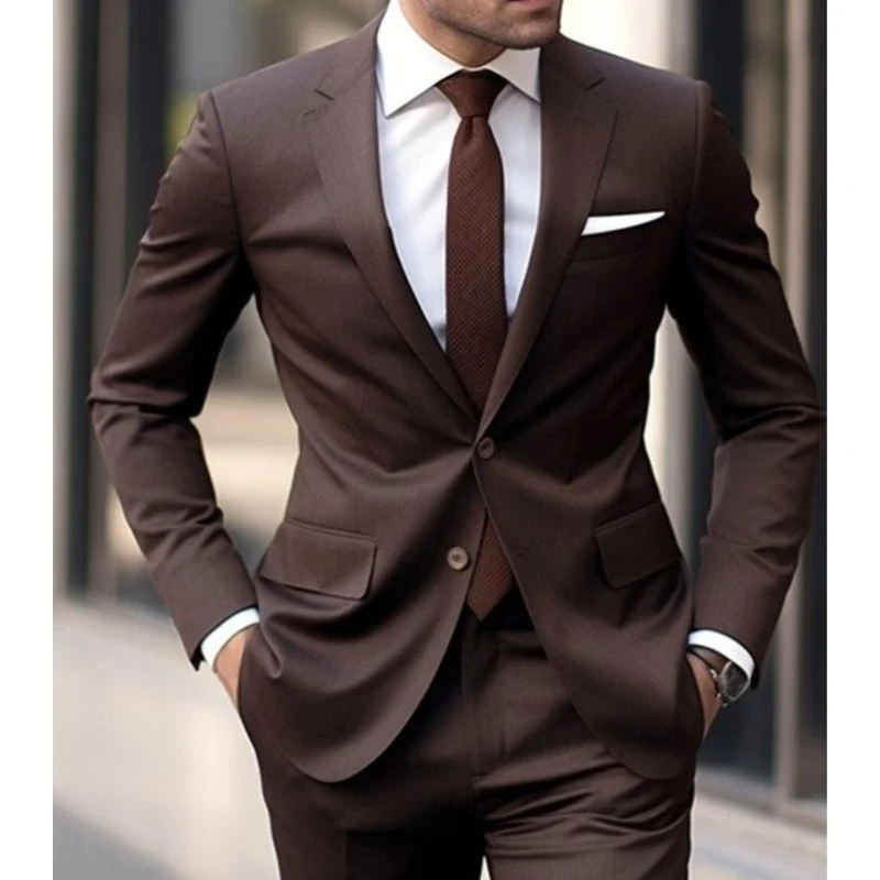 

Brown Costume Homme Notched Lapel Two Buttons Male Suits Bespoken Best Man Groom Tuexdos For Wedding Men Suits 2 Pieces Set