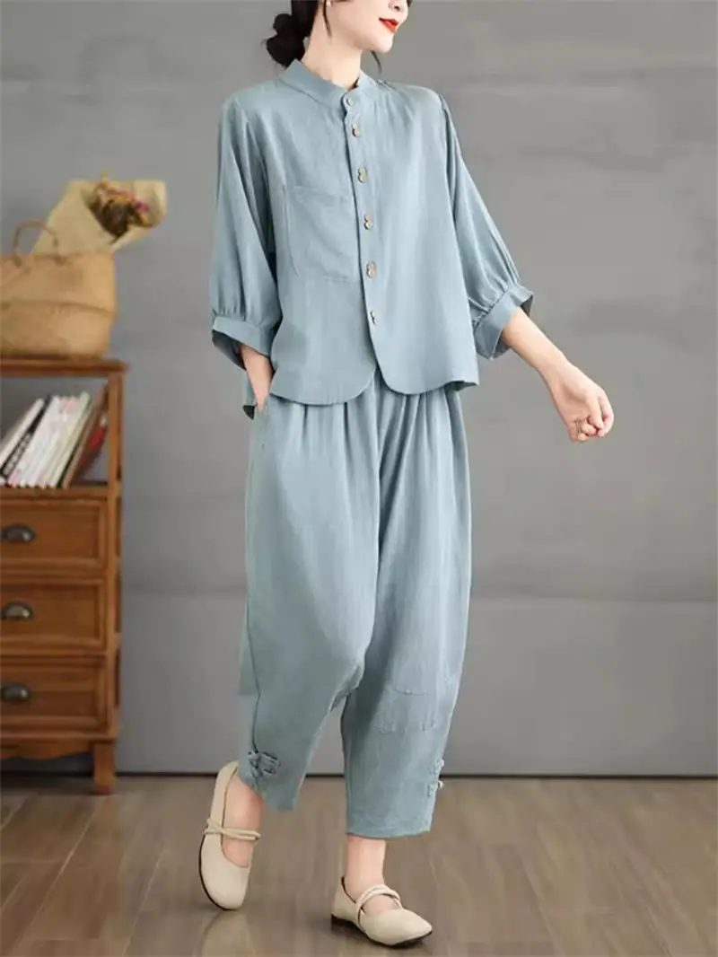 

Cotton And Linen Jacquard Suit Women's Summer Loose Lantern Sleeve Top Large Size Casual Pants Two-Piece Set Tracksuit K1706