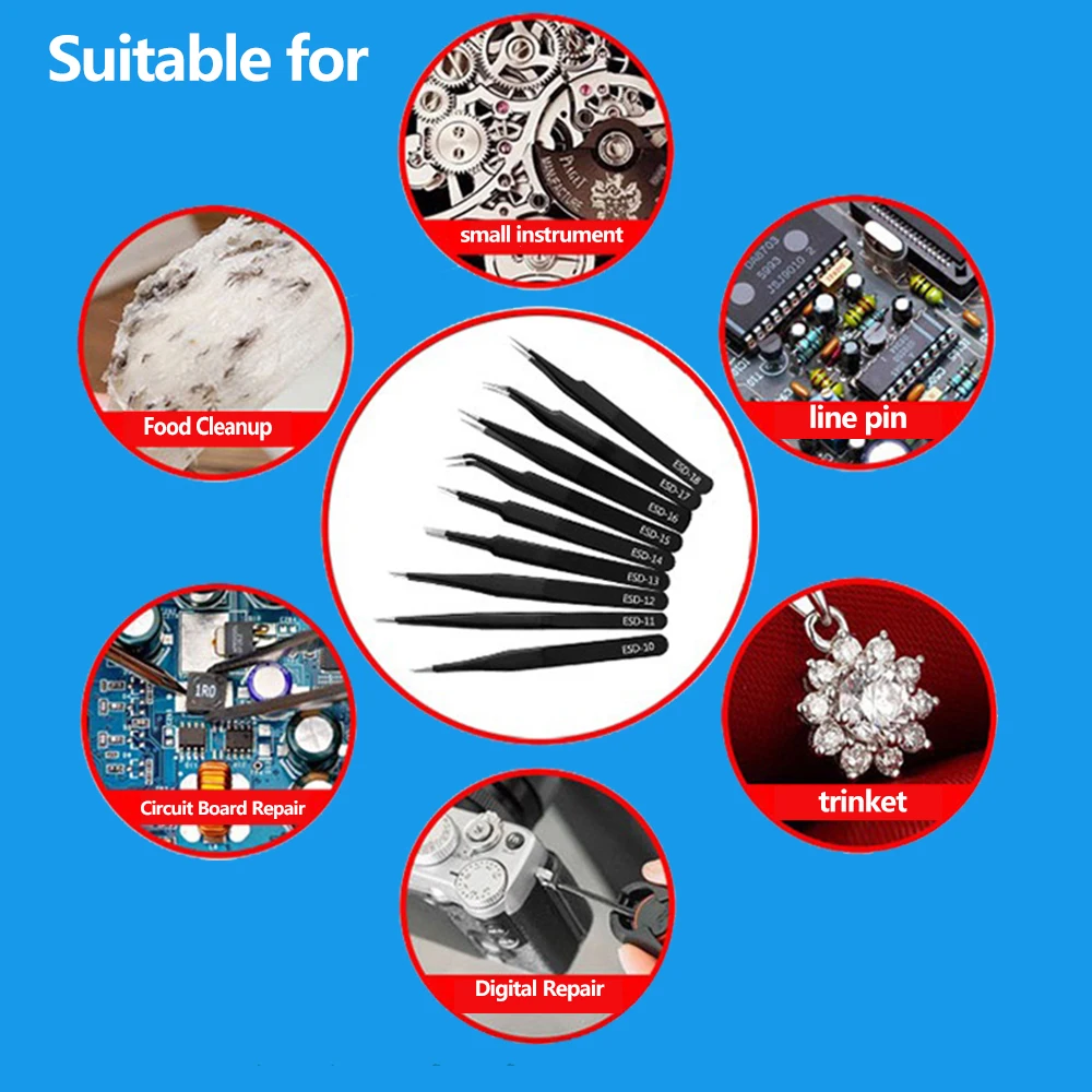 Pinça antiestática de aço inoxidável, 6 peças, segurança antiestática, pinça curvada de precisão esd, ferramentas de manutenção eletrônica