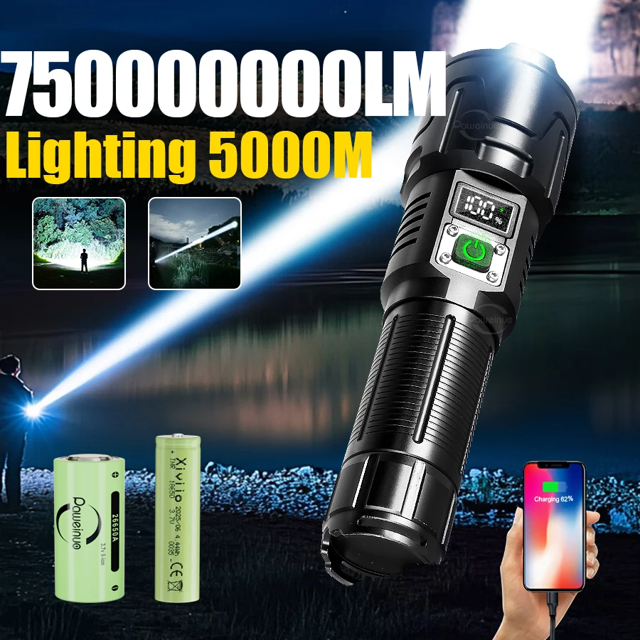 

750000000LM Мощные светодиодные фонарики Long Shot 5000M Перезаряжаемый водонепроницаемый тактический фонарь Открытый фонарь для кемпинга