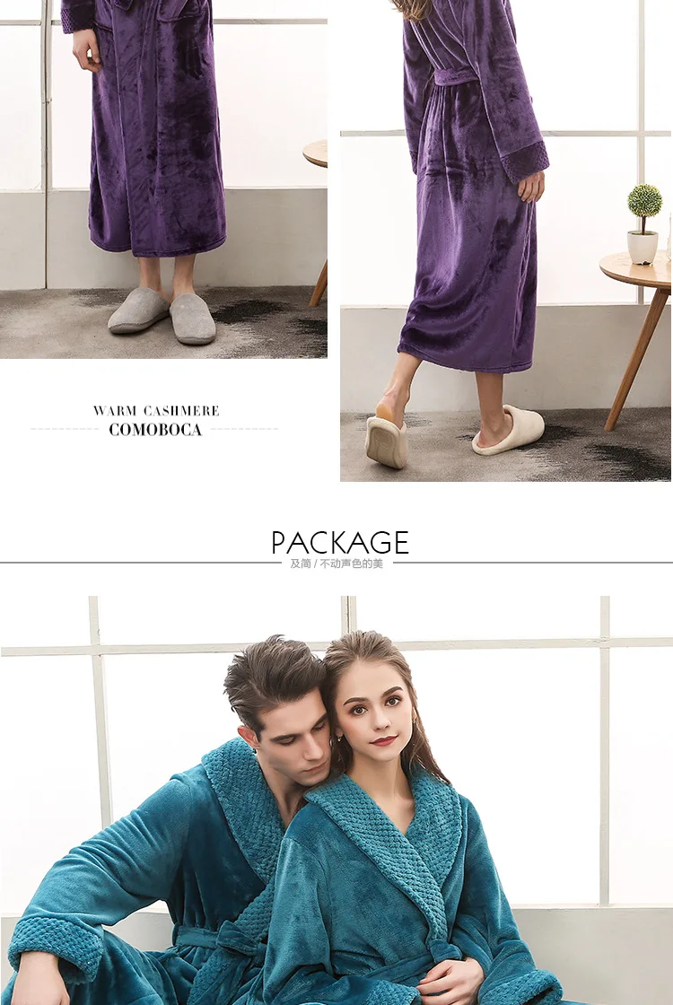 Warmer Winter-Bade- und Schlaf-Loungewear aus weichem Plüsch für Herren, stilvoller, gemütlicher, passender, langer Nerz-Fleece-Patchwork-Bademantel für Paare – Detail 7
