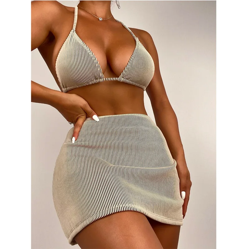 Triangle Top Swimwear Women Three Piece Swimsuit Brazilian Bikini Biquinis 2025 New Bathing Suit Solid Beachwear Maillot Femme