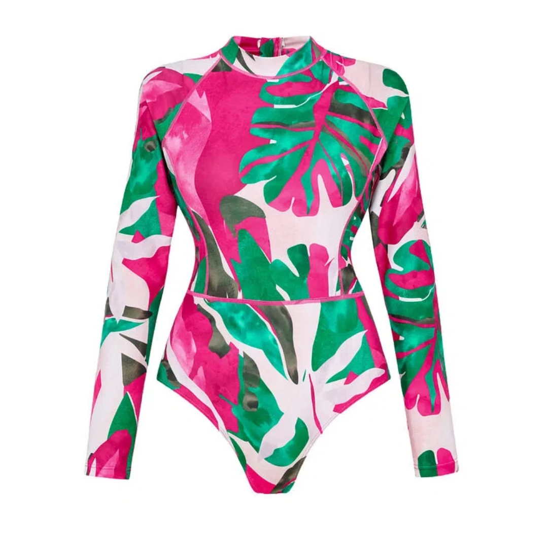 2026年 レディース 控えめなリーフプリント ツーピース水着 長袖サーフスーツ ビキニセット セクシー タイト ワンピース ボディスーツ トップス ホリデー
