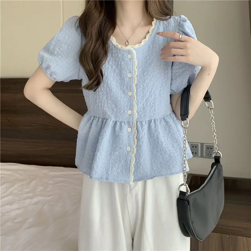 Bubble Sleeves Lace Edged Doll Shirt for Women\'s Summer Korean Version Versatile Belly Covering Slimming Short Sleeve Sweet Top