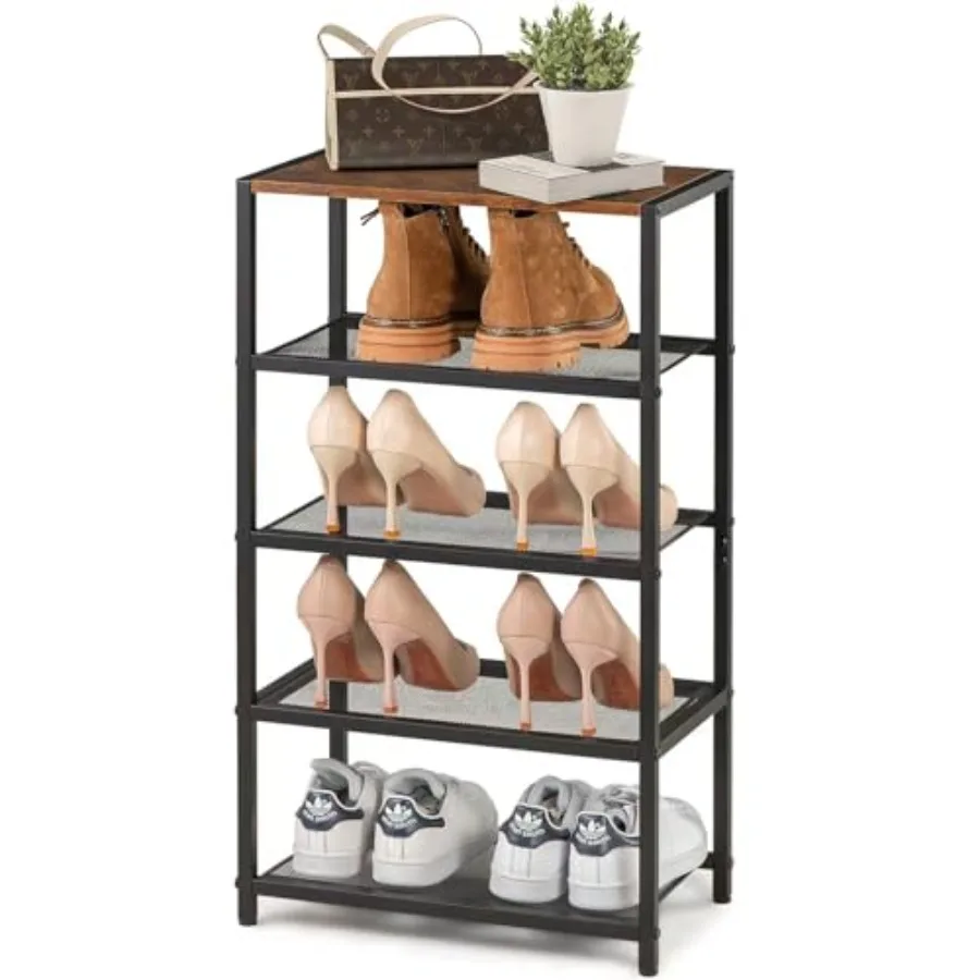 

Narrow Shoe Rack for Front Door Entrance Entryway and Closet Shoe Organizer with 4 Sturdy Metal Mesh Shelves and Wooden Top Hol