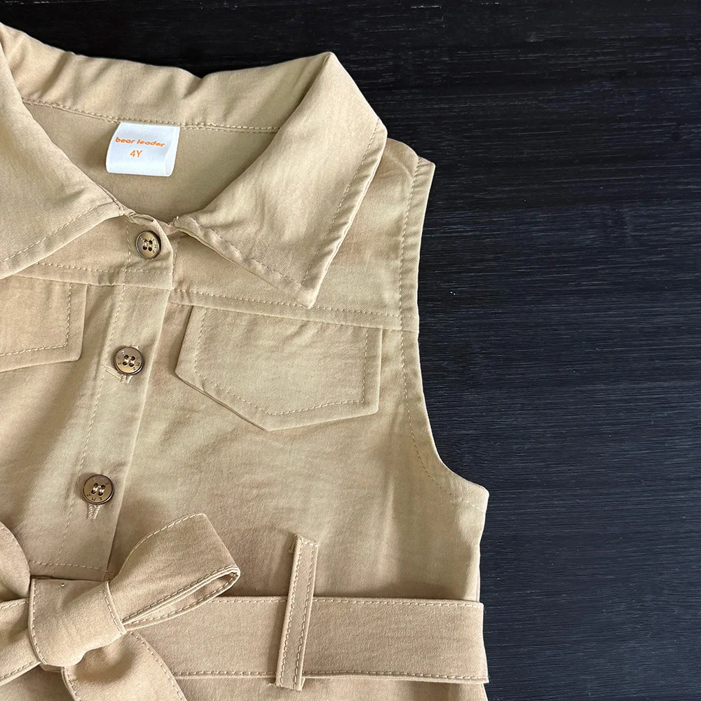 Bear Leader Mode Mädchen Windschutz Kleider Sommer ärmellose Arbeitsoutfits mit Bund einfarbige Kinderkleidung – Detail 6