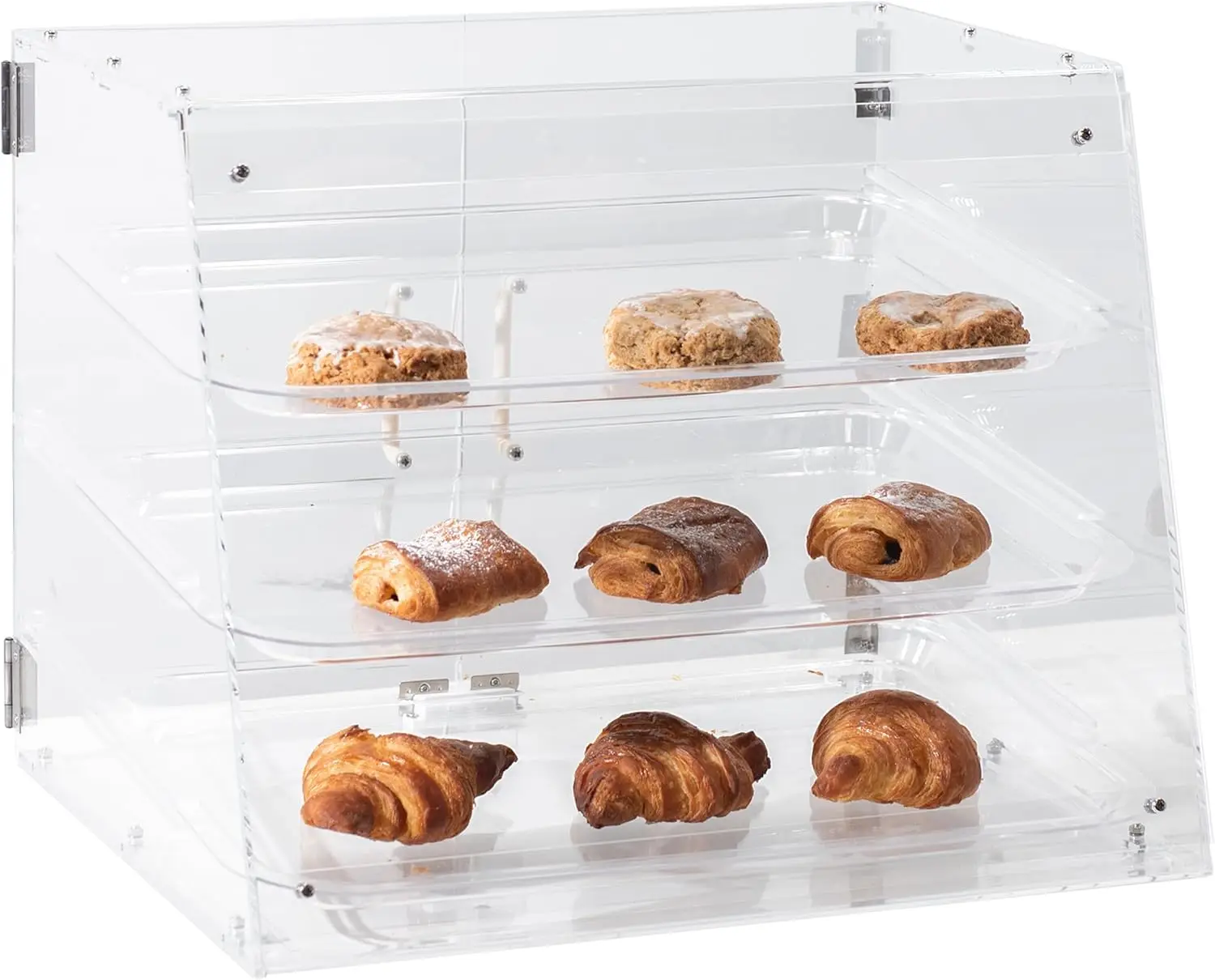 3 Tray Acrylic Display Case, 21 x 17 x 16 inch, 3 Tier Commercial Countertop Pastry Display with Rear Door Access and Remov