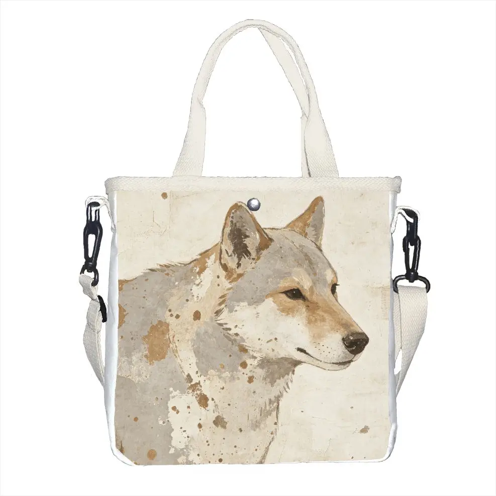 Aesthetic Neutral Wolf Portrait Shoulder Bag, Adjustable Strap Minimalist Wildlife Tote