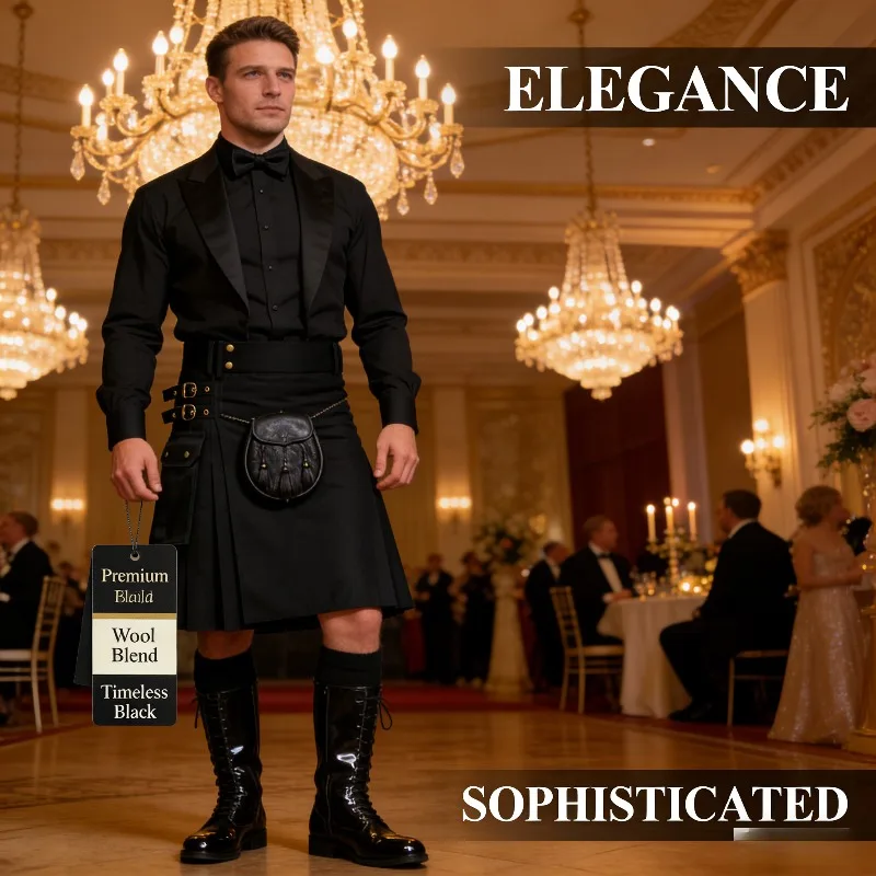 

Mens Skirt New Scottish Festival Kilt Solid Color Pocket Pleated Skirt Retro Style Half Skirt for Men