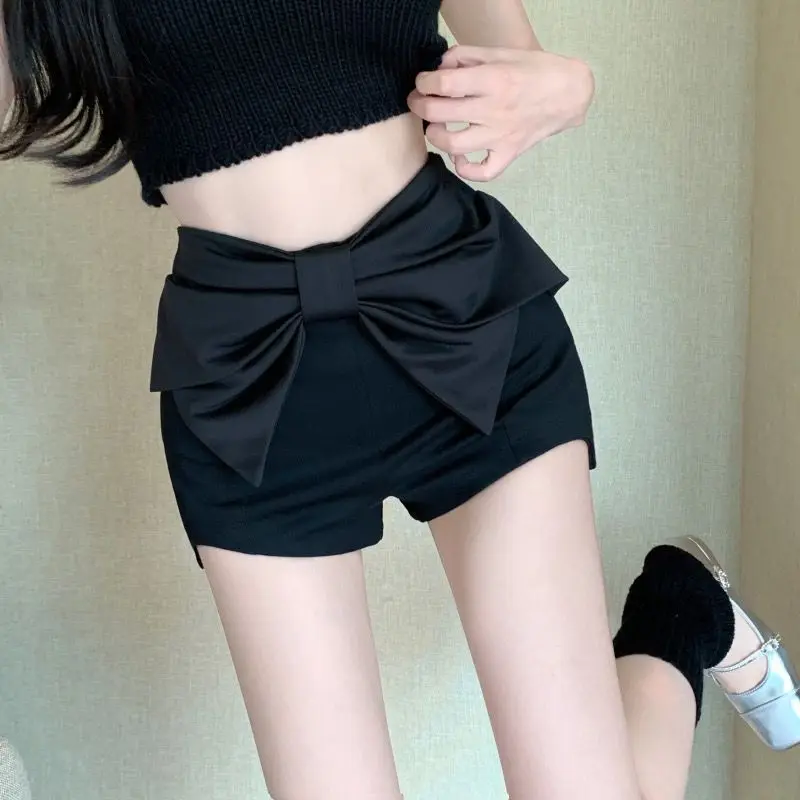 

Summer Korean Fashion Bow High Waist Elasticity Shorts Ladies Fashionable Solid Color Black Irregular Straight Women Clothes