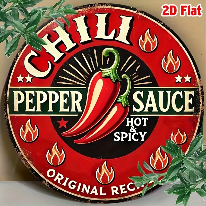 Vintage Room Decor Chili Pepper Sauce Metal Wall Sign, Aluminum Foil Engraved Tin Plaque with Pre-Drilled Holes for Easy Hanging
